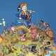 Art of Fallout 76's Vault Boy carrying tools across a miniature planetoid.